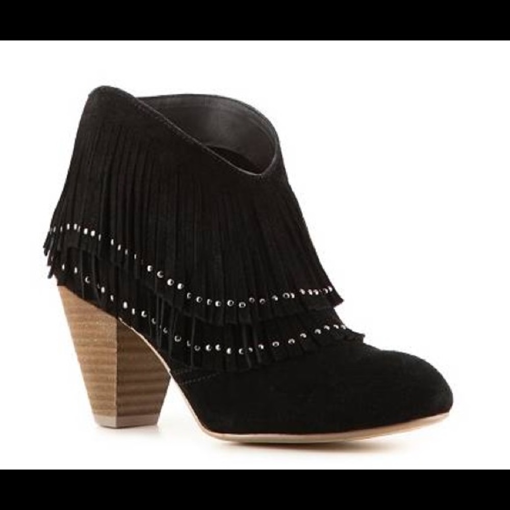 Black fringe micro suede booties